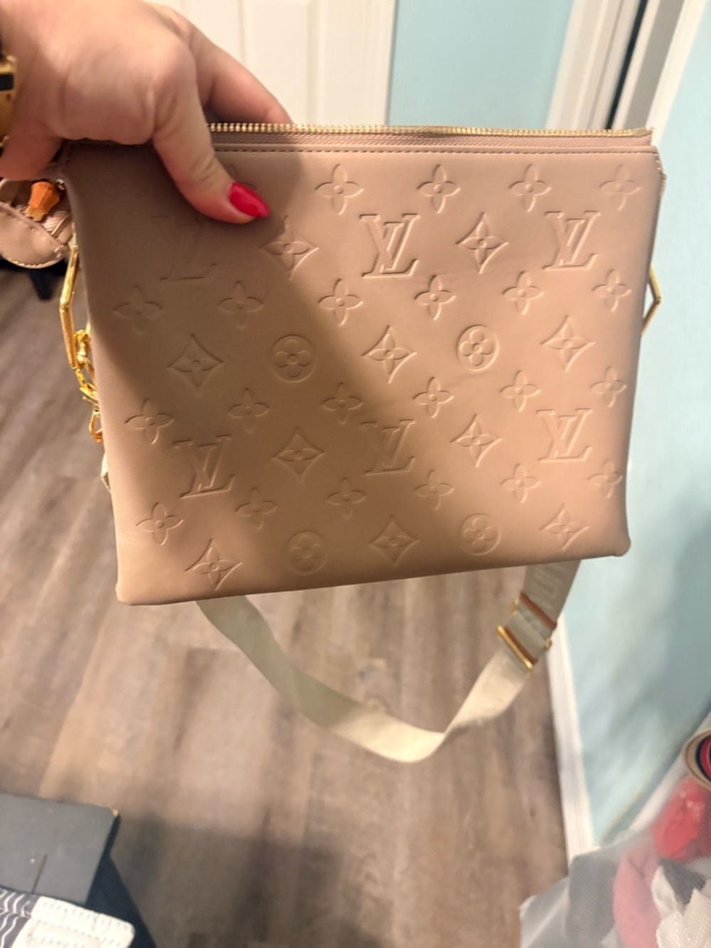 Embossed Monogram Nude Pink Crossbody Bag with Gold Accents